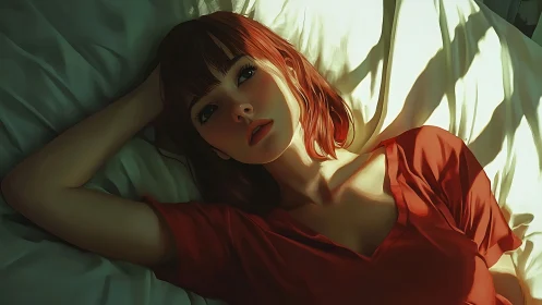 Soft morning light frames a resting red-haired woman.