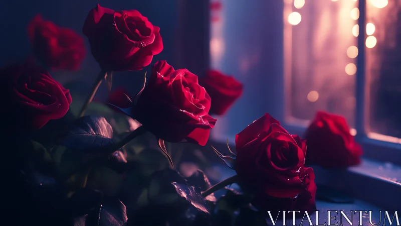 Crimson Roses in Neon Twilight: Romantic Digital Composition.