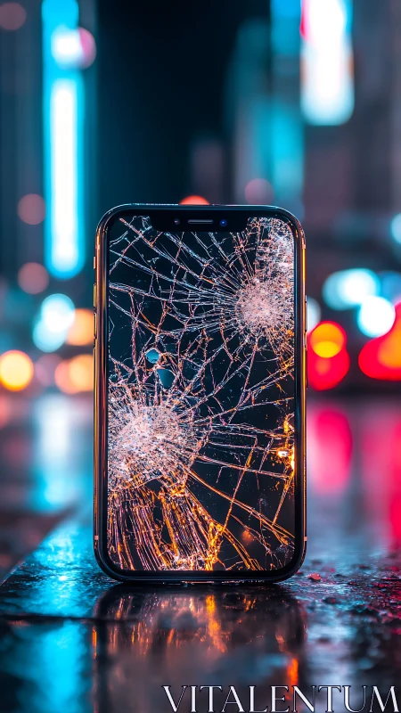 Shattered smartphone screen glows against neon city lights