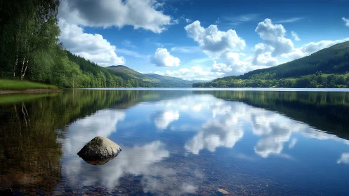 Mountain lake with forested hills and sky reflections.
