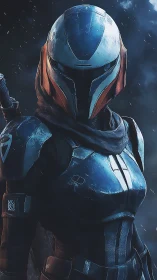 Armored sci-fi warrior stands vigilant in stormy night.