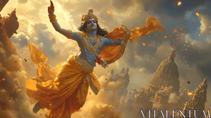 Divine blue deity ascends above burning temples in golden storm