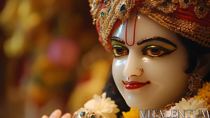 Jeweled divine visage bathed in saffron temple glow.