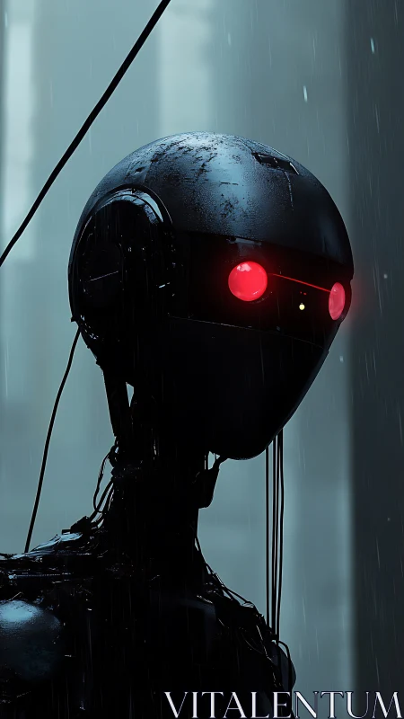 Rain-soaked android with glowing red eyes observes silently