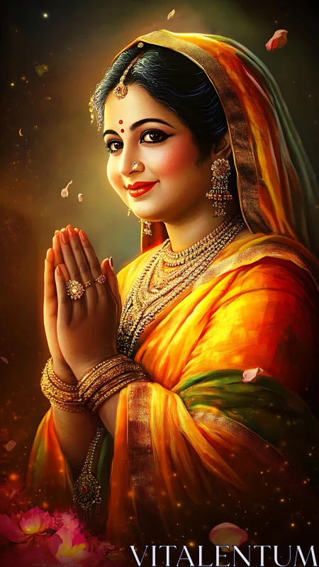 Indian woman greets with folded hands in glowing silk saree.