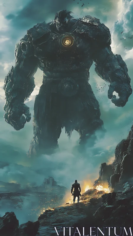 Colossal armored mech facing lone figure in misty ravine.