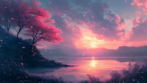 Chromatic lakeside dusk with cherry canopy and refracted light.