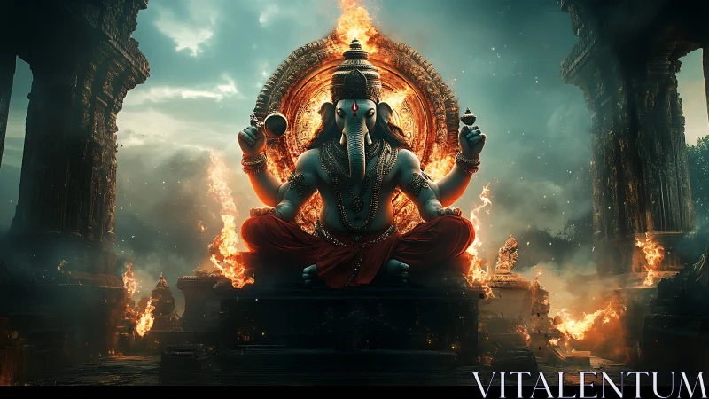 Divine elephant-headed deity in flaming temple ruins composition.