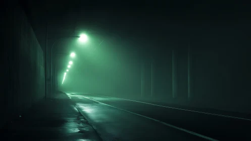 Foggy underpass roadway with sodium streetlights at night