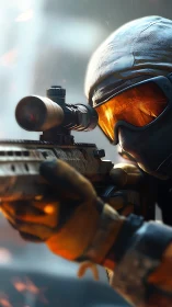 Futuristic tactical sniper aims down scope in combat zone.