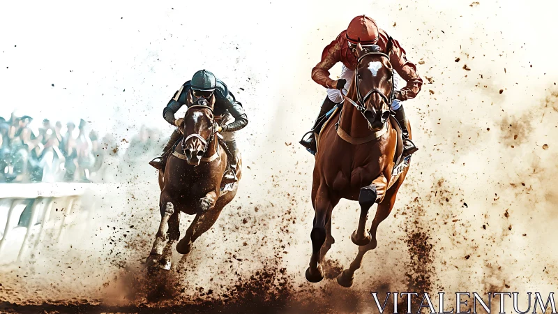Dynamic horse racing sprint through cinematic dirt spray.