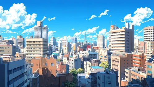 Sunlit midrise skyline over dense urban residential blocks.