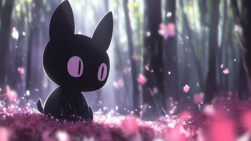 Silhouette cat character under sakura light in misty forest.