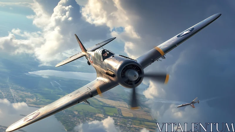 Single propeller fighter aircraft in cloudy sky over land.