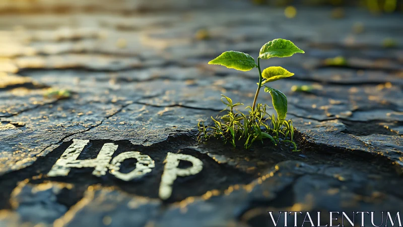 Young plant emerging through cracked ground with text.