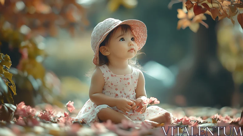 Toddler in Floral Dress with Straw Hat, Autumn Garden Setting.