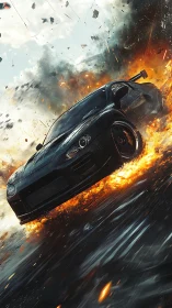 Black drift car cutting fire trail through explosive storm.