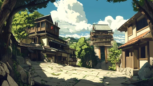 Sunny hillside village street with traditional wooden houses