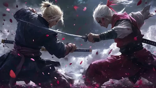 Samurai rivals clash amid storm clouds and crimson petals.