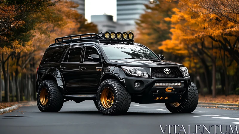 Midnight off‑road titan prowls through autumn city canyon