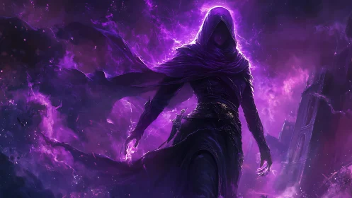 Hooded robed figure amid violet magical energy field.