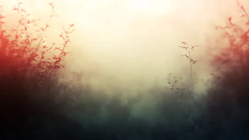 Soft misty field with silhouetted plants at sunrise glow.