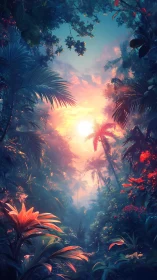 Sunlit tropical jungle with dense foliage at dawn.