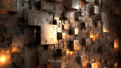 Rusty Metallic Cubes Wall in Warm Industrial Lighting, 3D Art.
