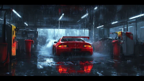 Red tuner coupé in cinematic rainy garage environment.