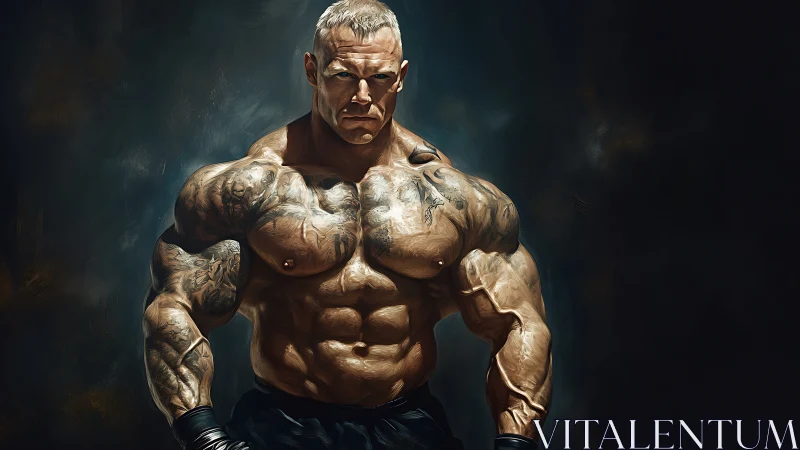 Tattooed bodybuilder portrait in dramatic digital painting.