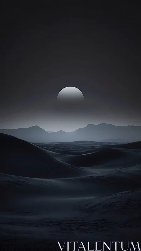Lunar sphere rises above shadowed desert dunes at night.