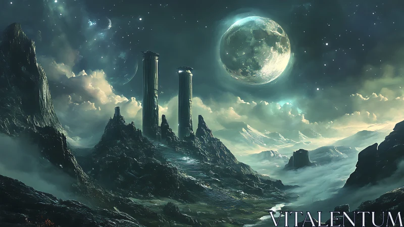 Moonlit colossus towers whisper over misty alien valleys