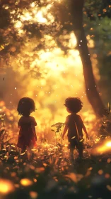 Golden hour childhood wonder in a glowing forest meadow.