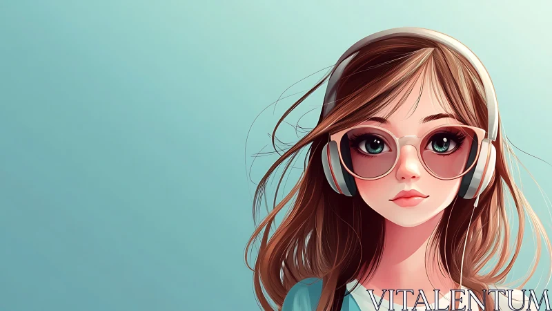 Anime girl with headphones and glasses on teal background.