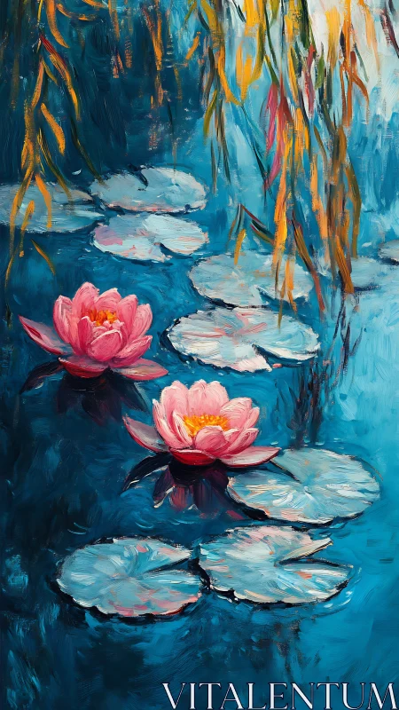 Water lilies drift beneath painted golden willow reflections.