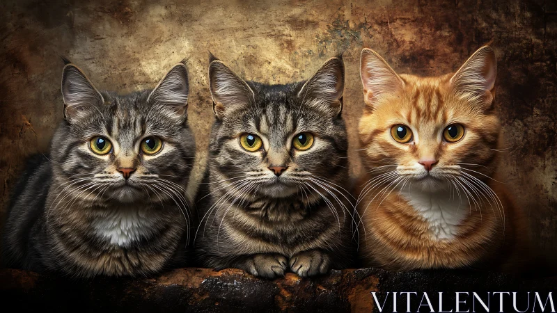 Three Noble Cats with Golden Eyes in Weathered Vintage Gaze