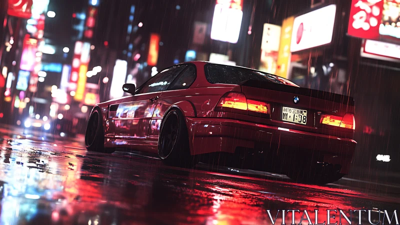 Red BMW coupe idles under neon rain in wet city street