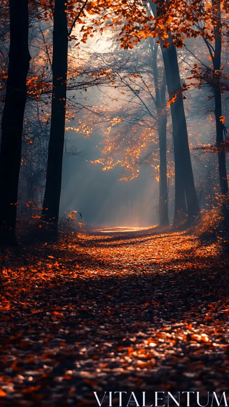 Autumn forest path with morning mist and golden foliage