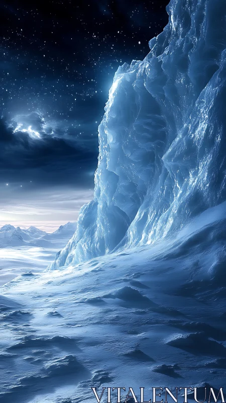 Frozen cliff rises above illuminated snowfield under stars