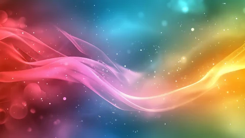 Multicolored translucent light ribbons span a soft gradient field