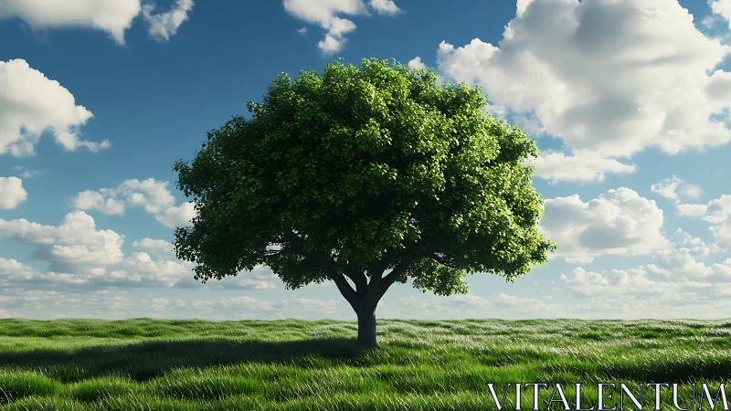 Lone Green Tree on Grassy Field Under Blue Sky, Realistic Style.