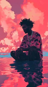 Man sits cross-legged on reflective water under pink sky