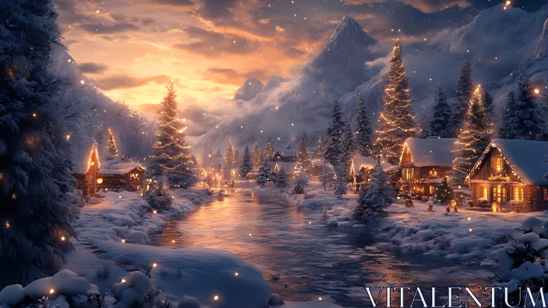 Illuminated alpine village with reflective winter river at dusk.