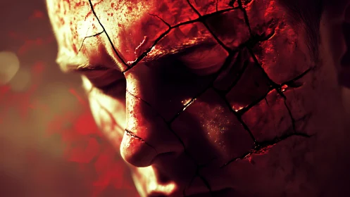 Fractured human face glowing with inner molten cracks.