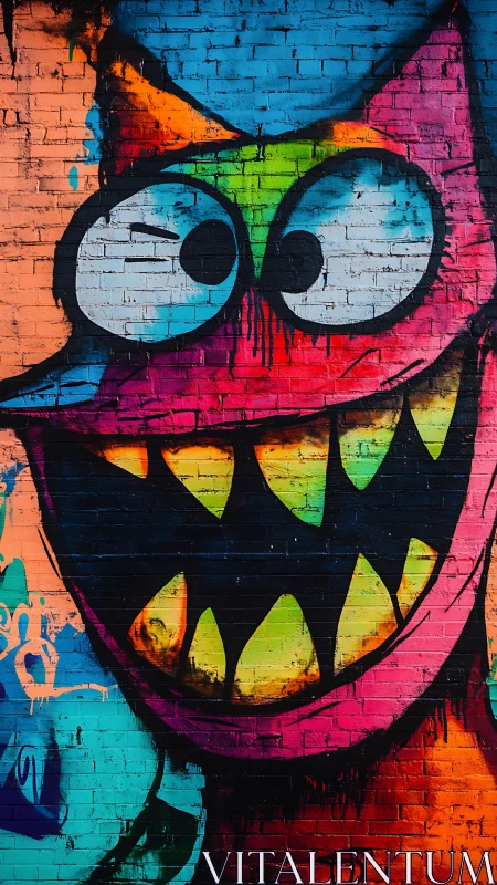 Chromatic street creature mural with exaggerated grin.