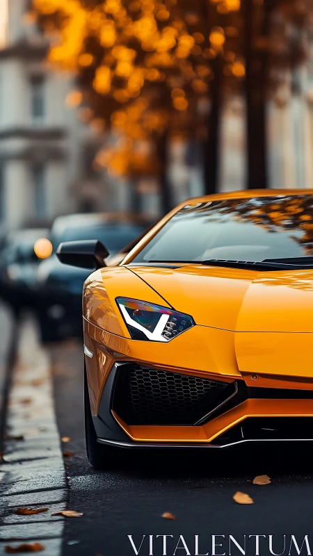 Golden supercar glides along a cozy tree-lined city street