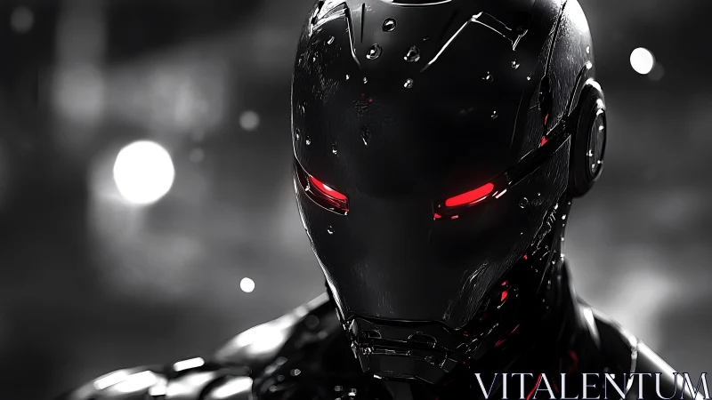 Midnight war machine with blazing red cybernetic gaze.