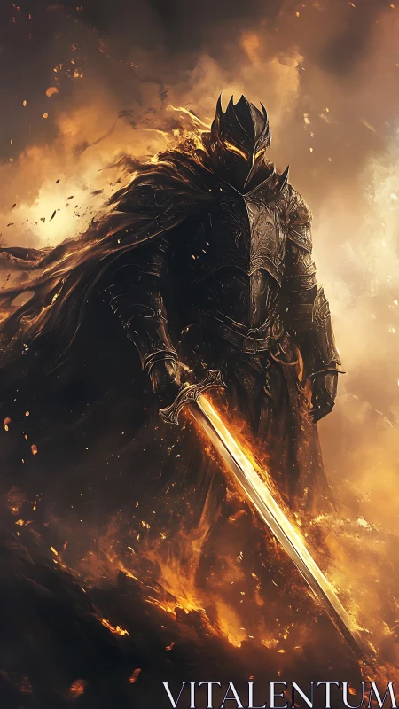 Armored dark figure with flaming sword in dense smoke field.