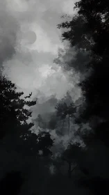 Moonlit mist cathedral where shadow-trees quietly brood.