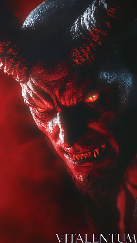 Demonic horned face in red smoke, intense glowing stare.